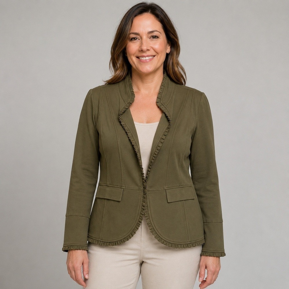 Chico's Size 1 Olive Green Ruffle Trim Knit Blazer‎ Jacket